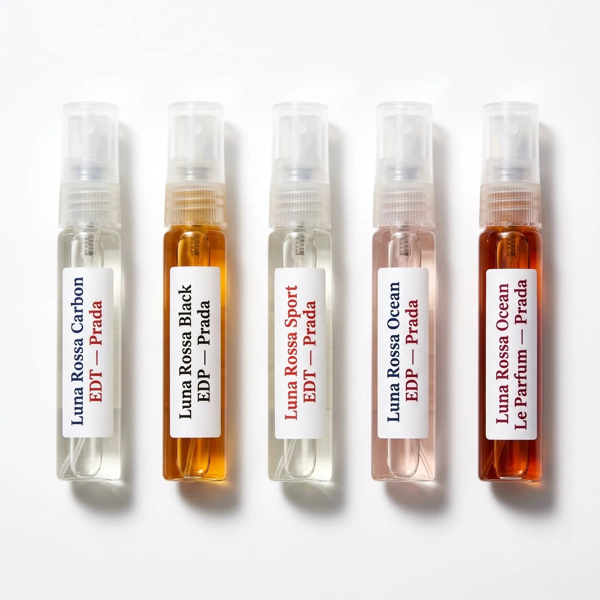 Prada Luna Rossa Discovery Set — five decants: Carbon EDT, Black EDP, Sport EDT, Ocean EDP and Le Parfum
