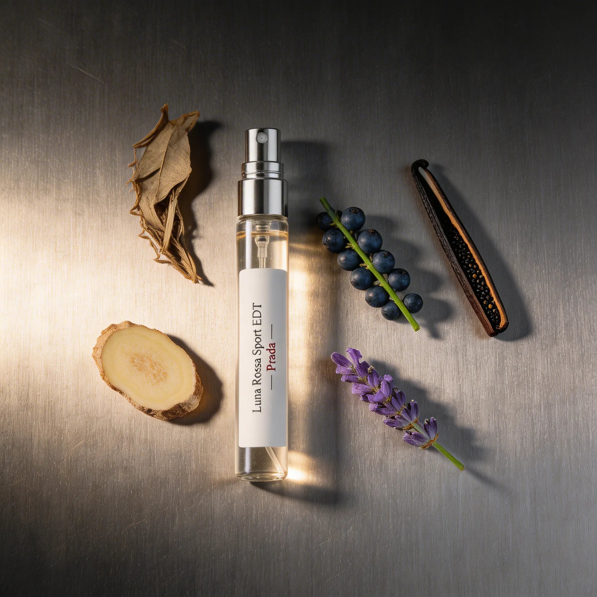 Perfume bottle with natural elements on a metallic surface