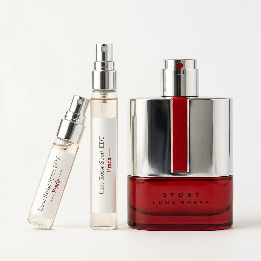 Three Prada Luna Rossa Sport perfume bottles on a white background