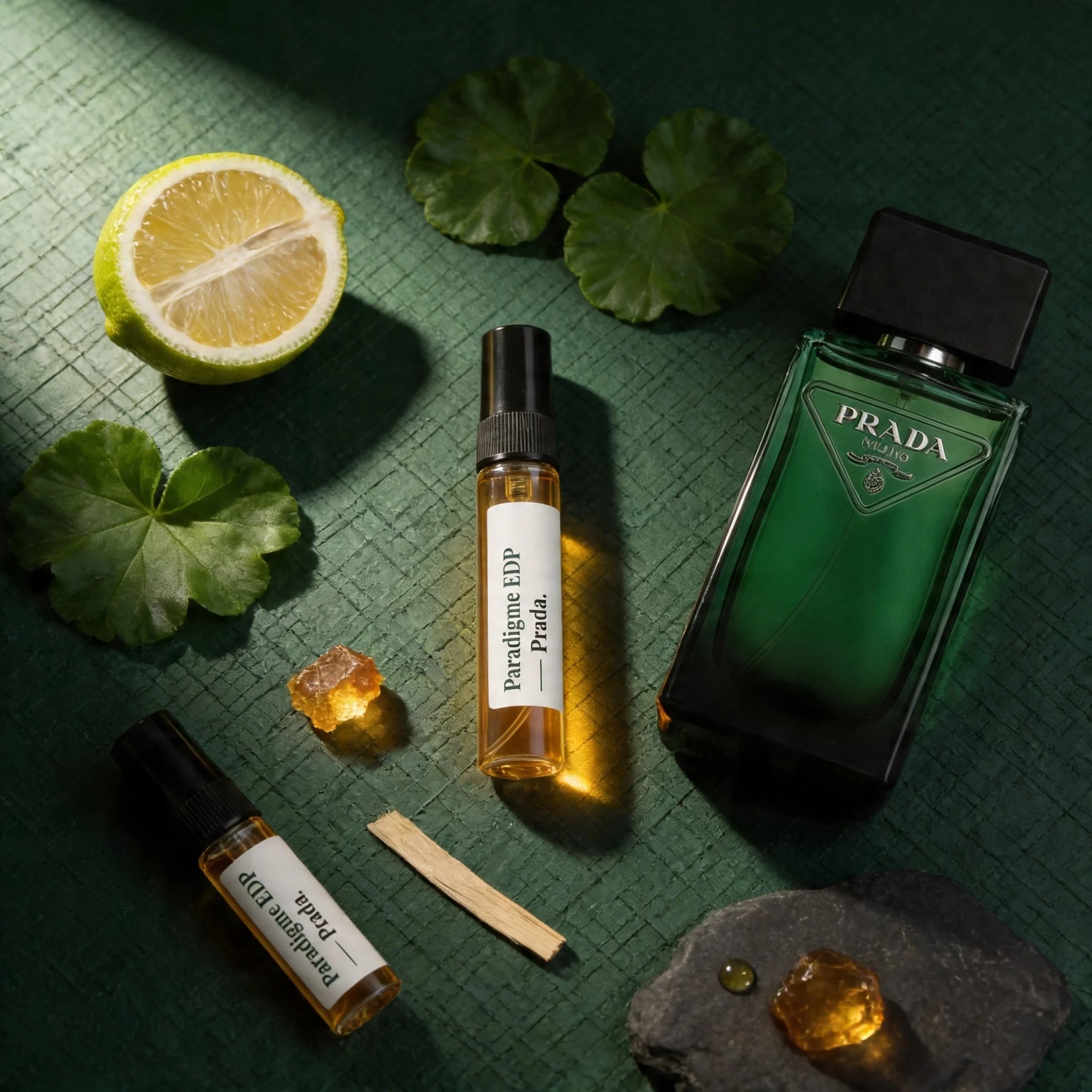 Prada Paradigme EDP decant on forest green surface with bergamot geranium benzoin and guaiac wood fragrance notes flatlay
