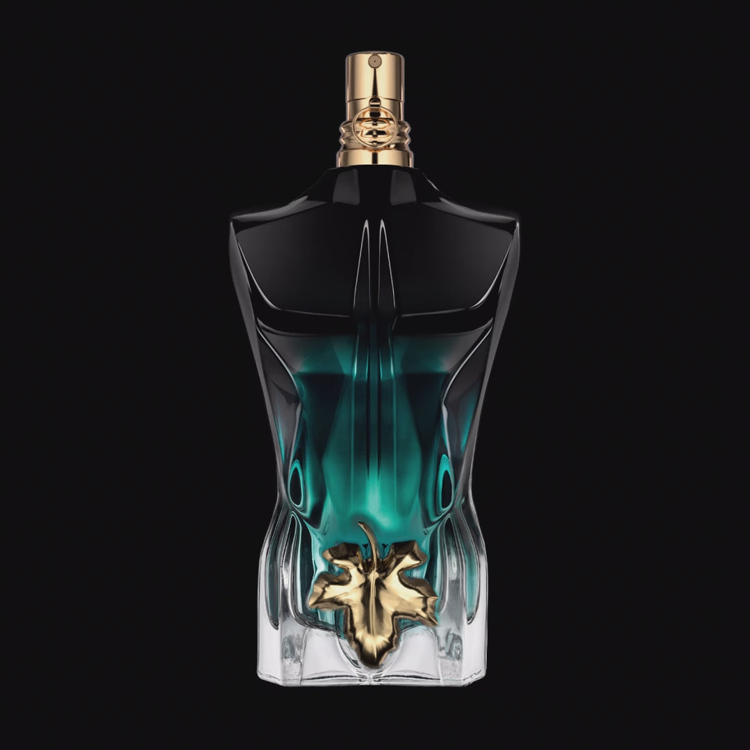 Jean Paul Gaultier Le Beau Le Parfum for men in 75/125ml, featuring a gradient black-to-teal torso bottle with gold accents, luxury fragrance.