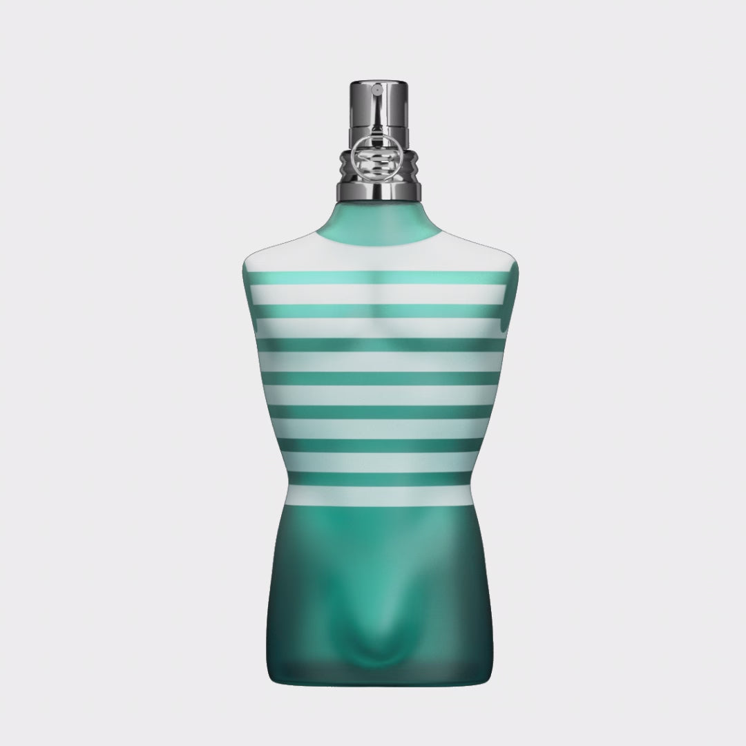 JPG Le Male EDT 2.5 oz bottle in signature male torso design with teal and white stripes, isolated on a white background for product clarity.