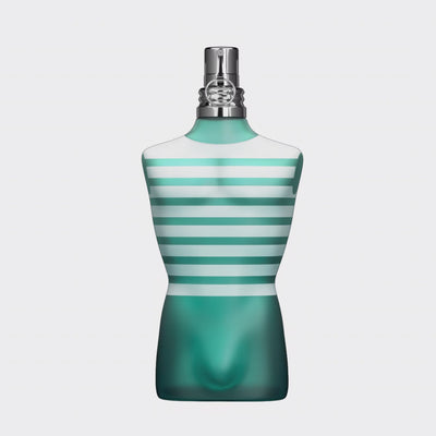 JPG Le Male EDT 2.5 oz bottle in signature male torso design with teal and white stripes, isolated on a white background for product clarity.