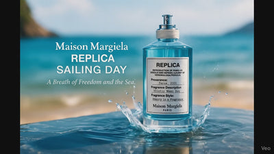 Replica Sailing Day EDT by Maison Margiela displayed against ocean waves, highlighting its fresh aquatic scent and unisex appeal.