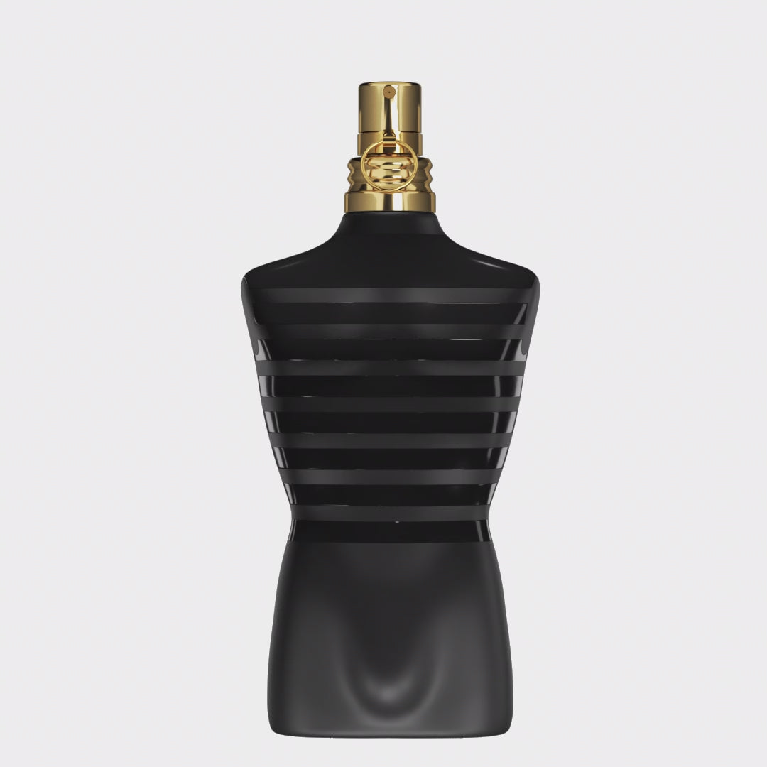 Close-up of Le Male Le Parfum - Aromatick men's perfume bottle with sleek black and gold design, perfect for luxury fragrance collections.