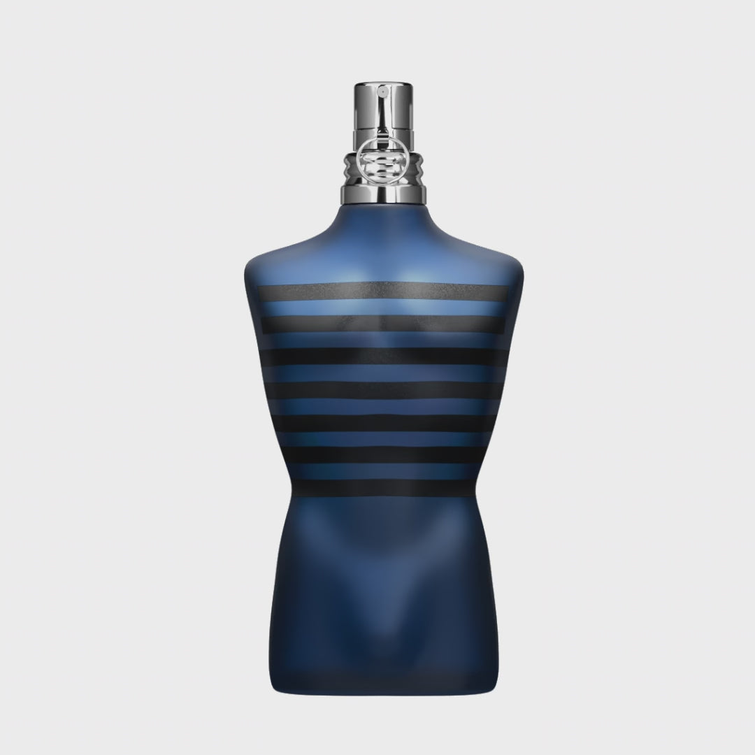 Close-up of Ultra Male EDT - Aromatick men's cologne bottle in dark blue with black stripes, shaped like a male torso.
