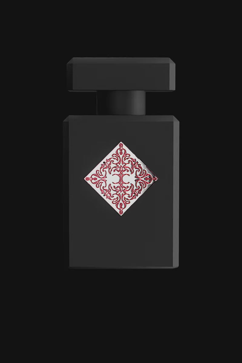 Initio Mystic Experience Eau de Parfum bottle in matte black with red ornamental emblem, a bold unisex scent from Aromatick's niche collection.