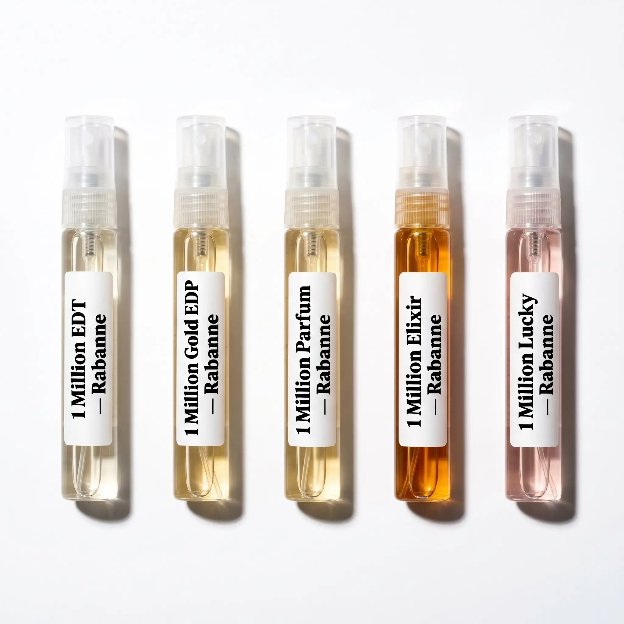 Rabanne 1 Million Discovery Set decants — EDT, Gold EDP, Parfum, Elixir and Lucky 5ml flatlay
