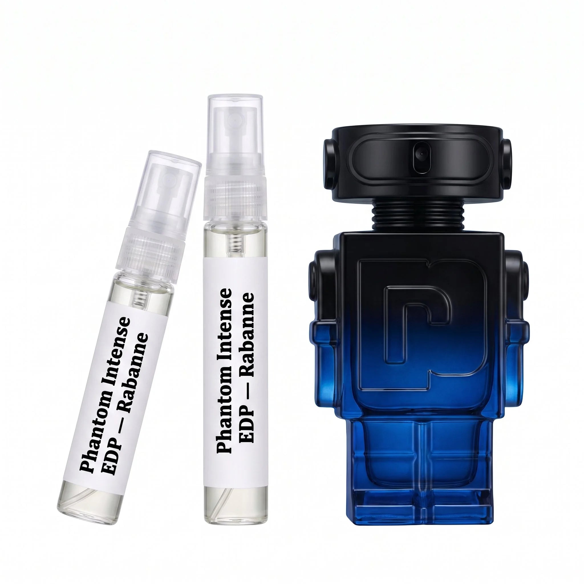 Rabanne Phantom Intense EDP decant vials with black blue robot bottle on white background luxury fragrance photography