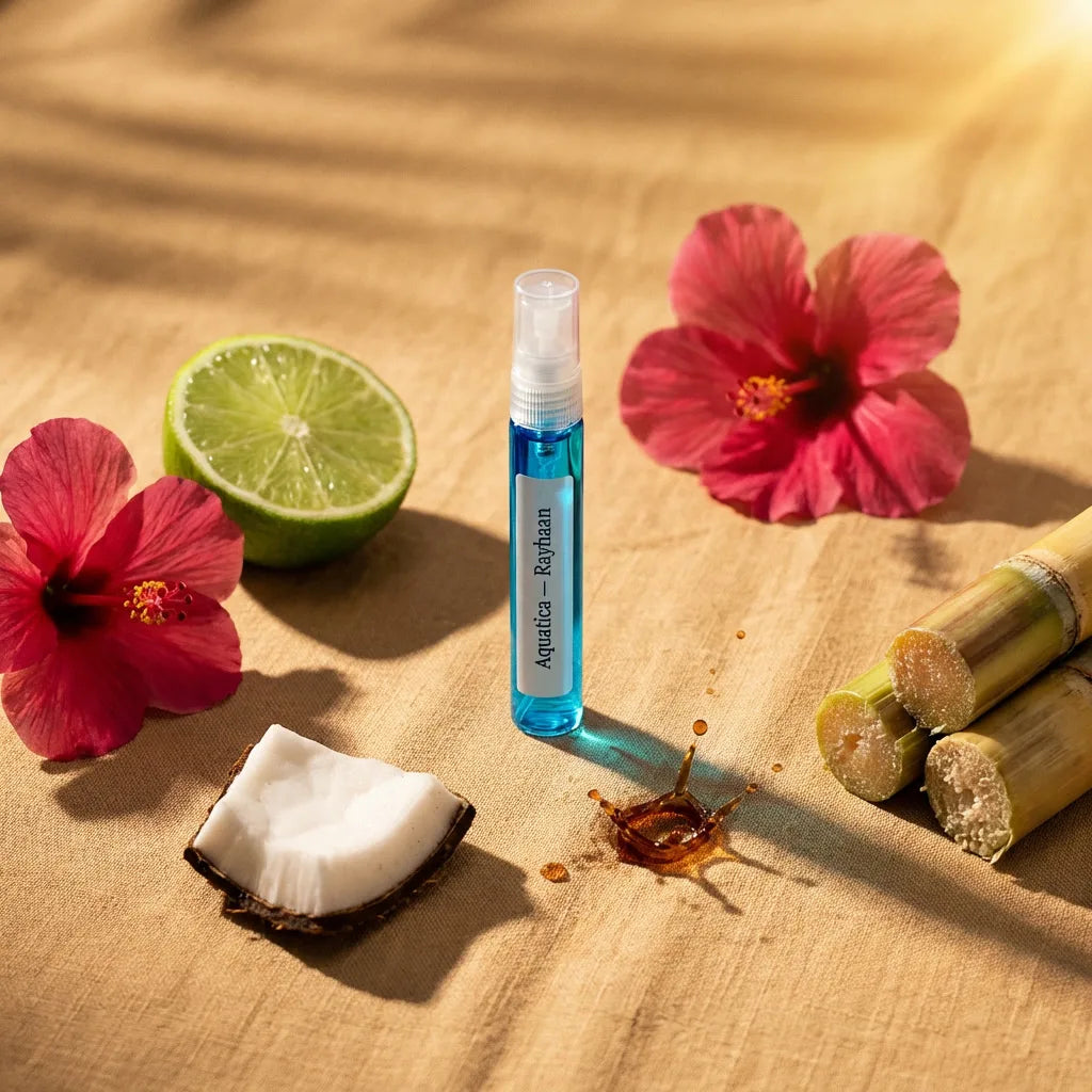 Blue spray bottle with tropical elements on a wooden surface
