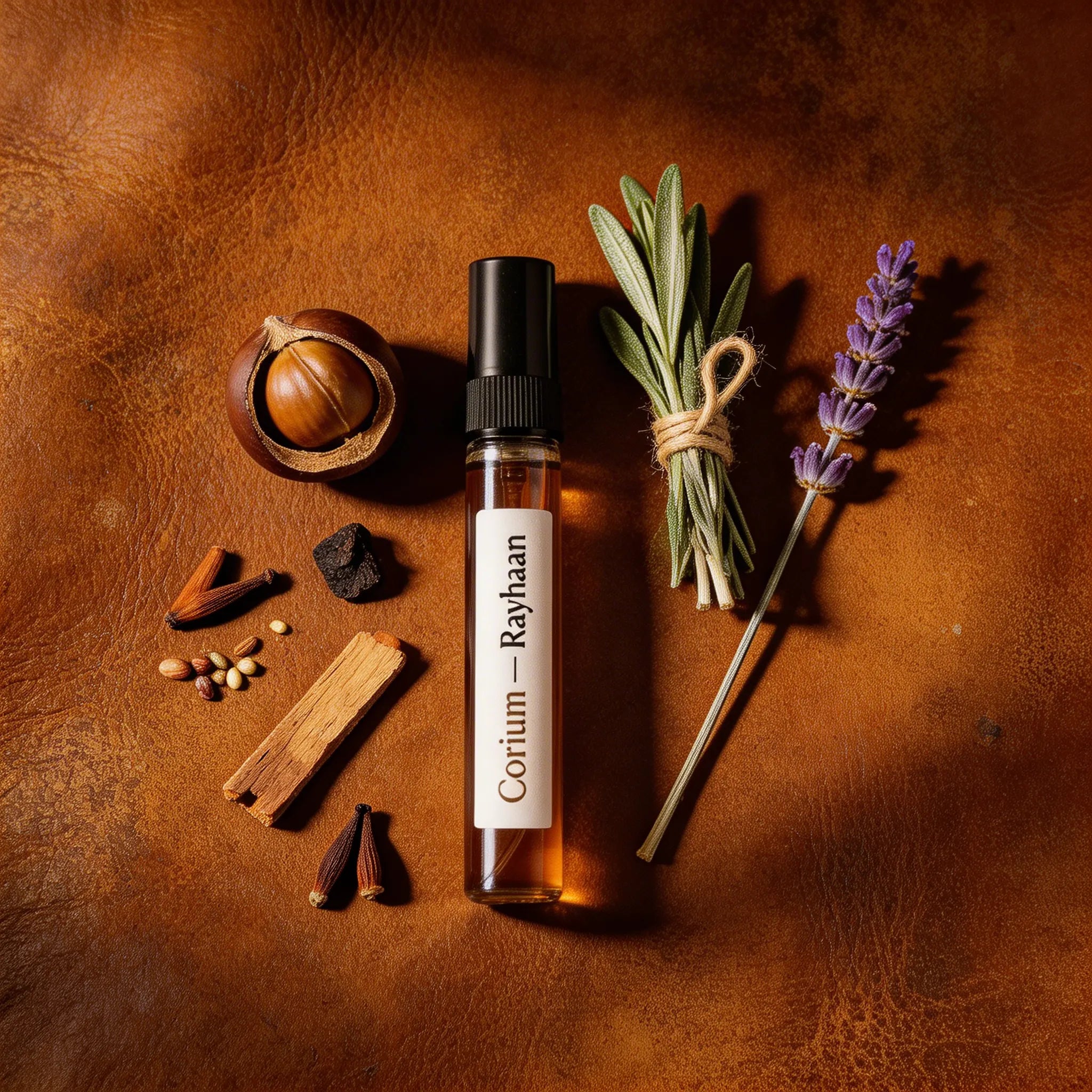 Small bottle of Corium Rayhan on a brown leather surface with herbs and spices.