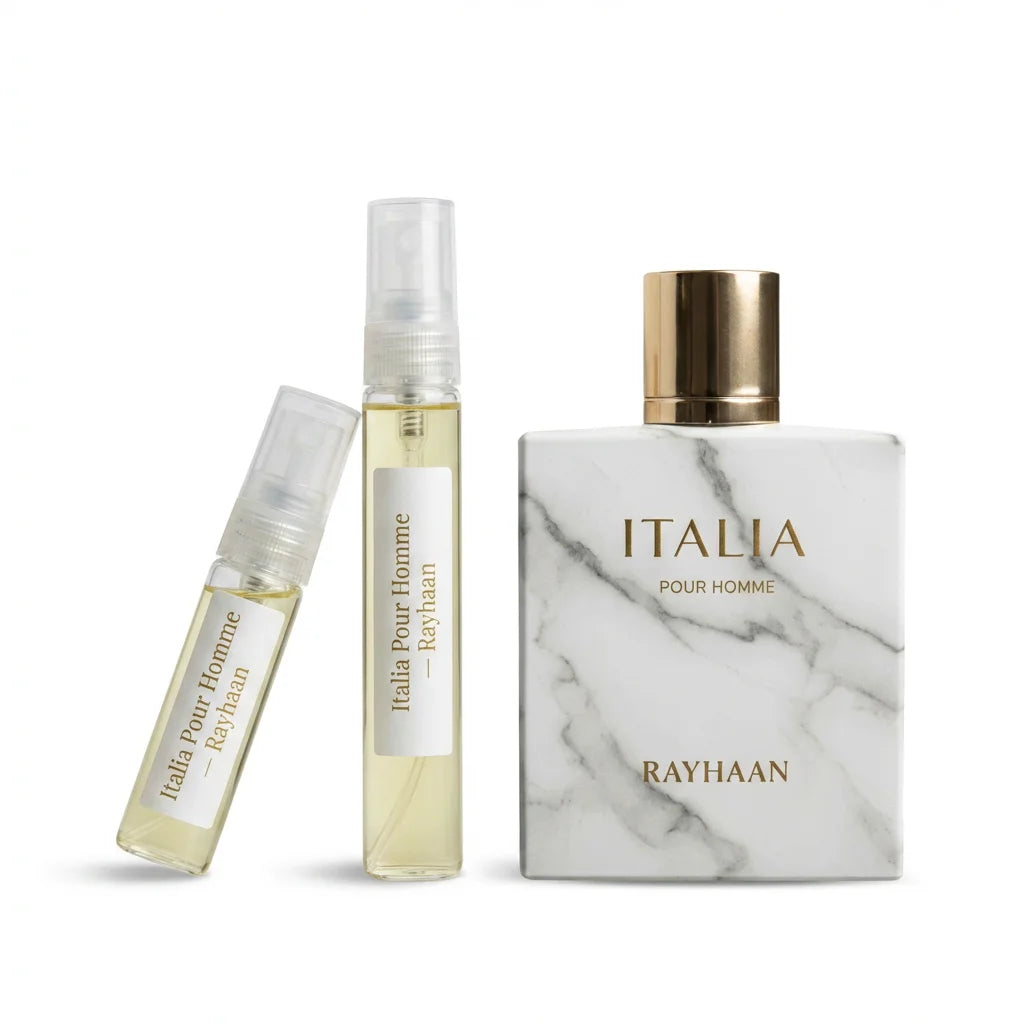 Perfume bottles and packaging with 'Italia' branding on a white background
