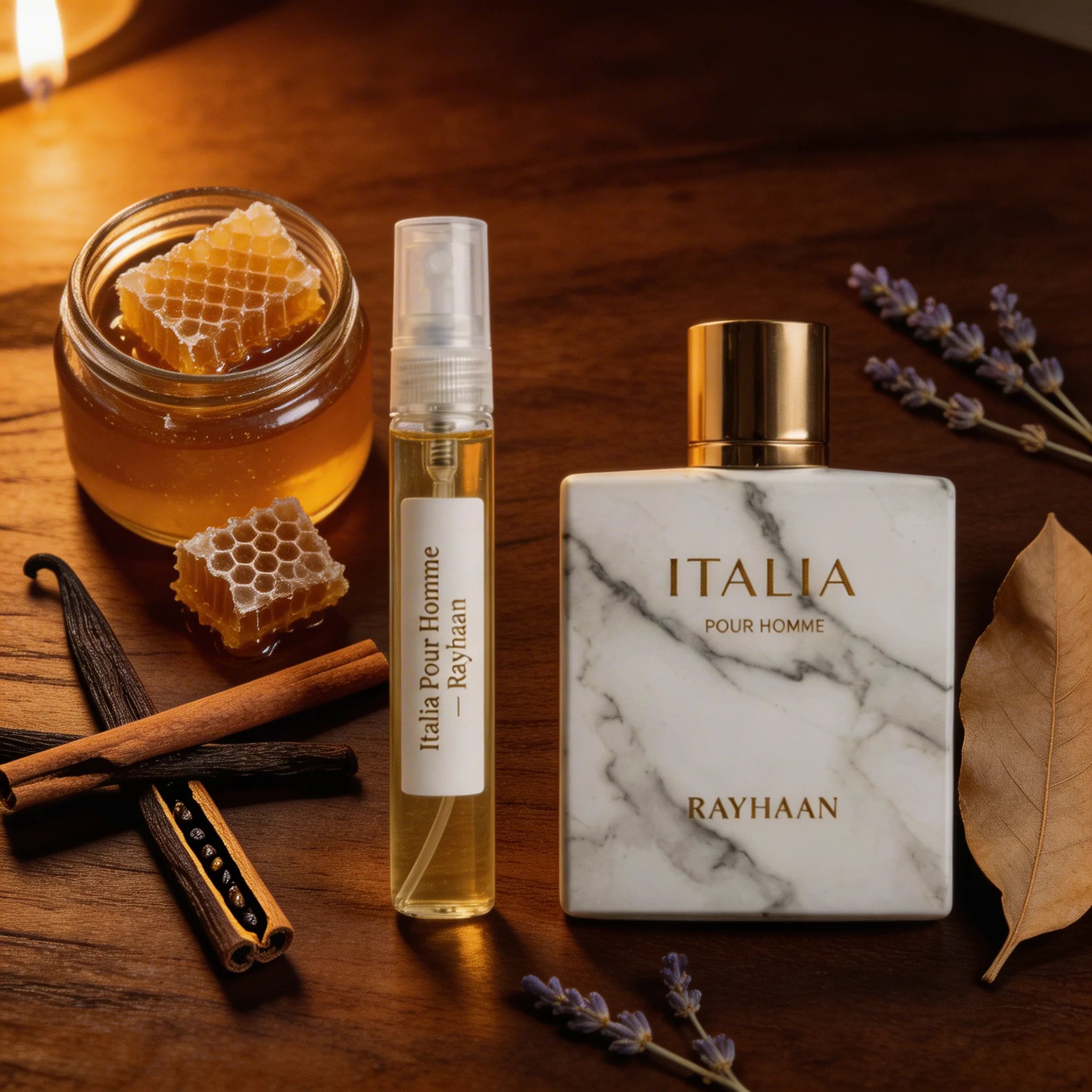 Perfume bottle and spray bottle with 'Italia' branding on a wooden surface with honeycomb and lavender.