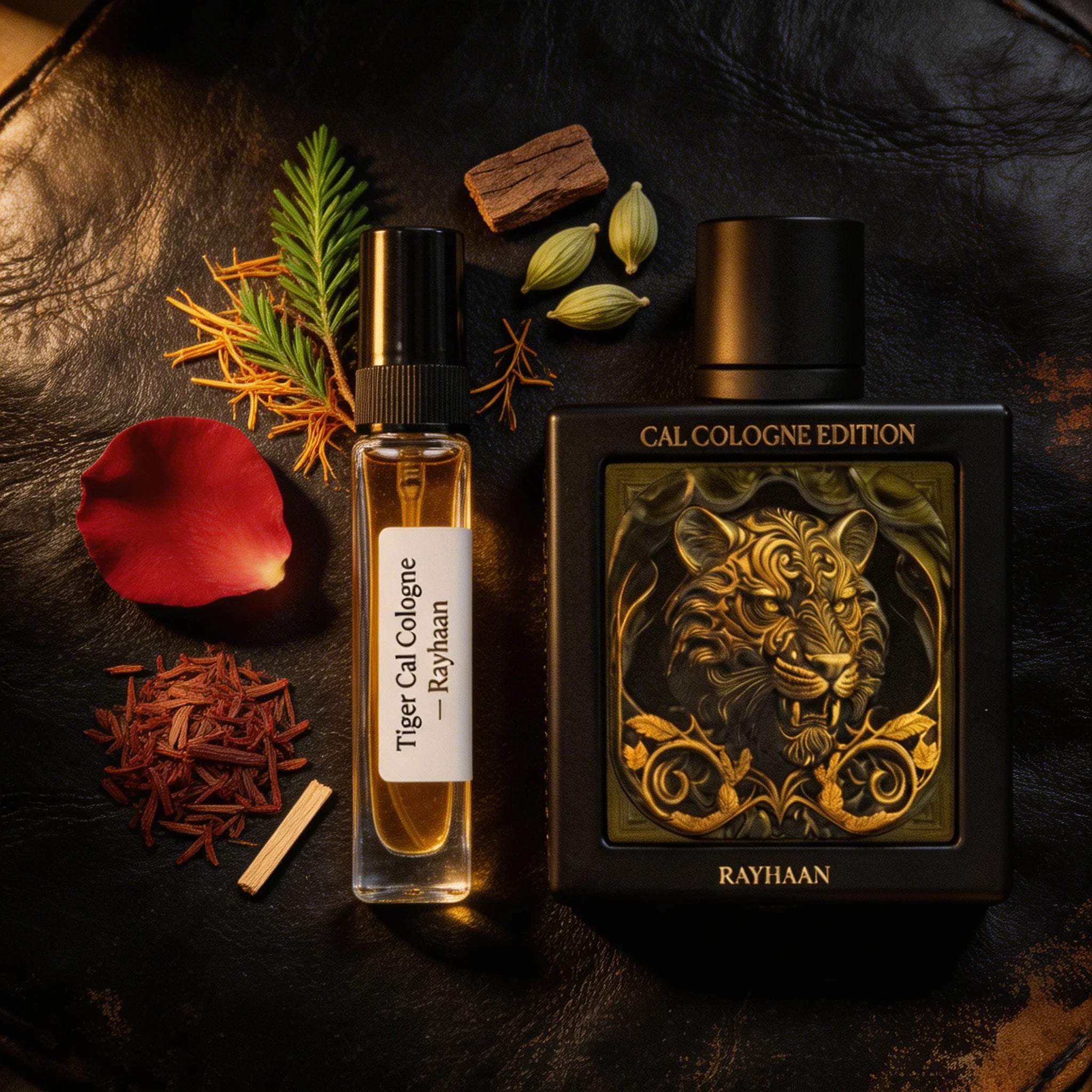 Perfume bottle and packaging with tiger design on a dark surface