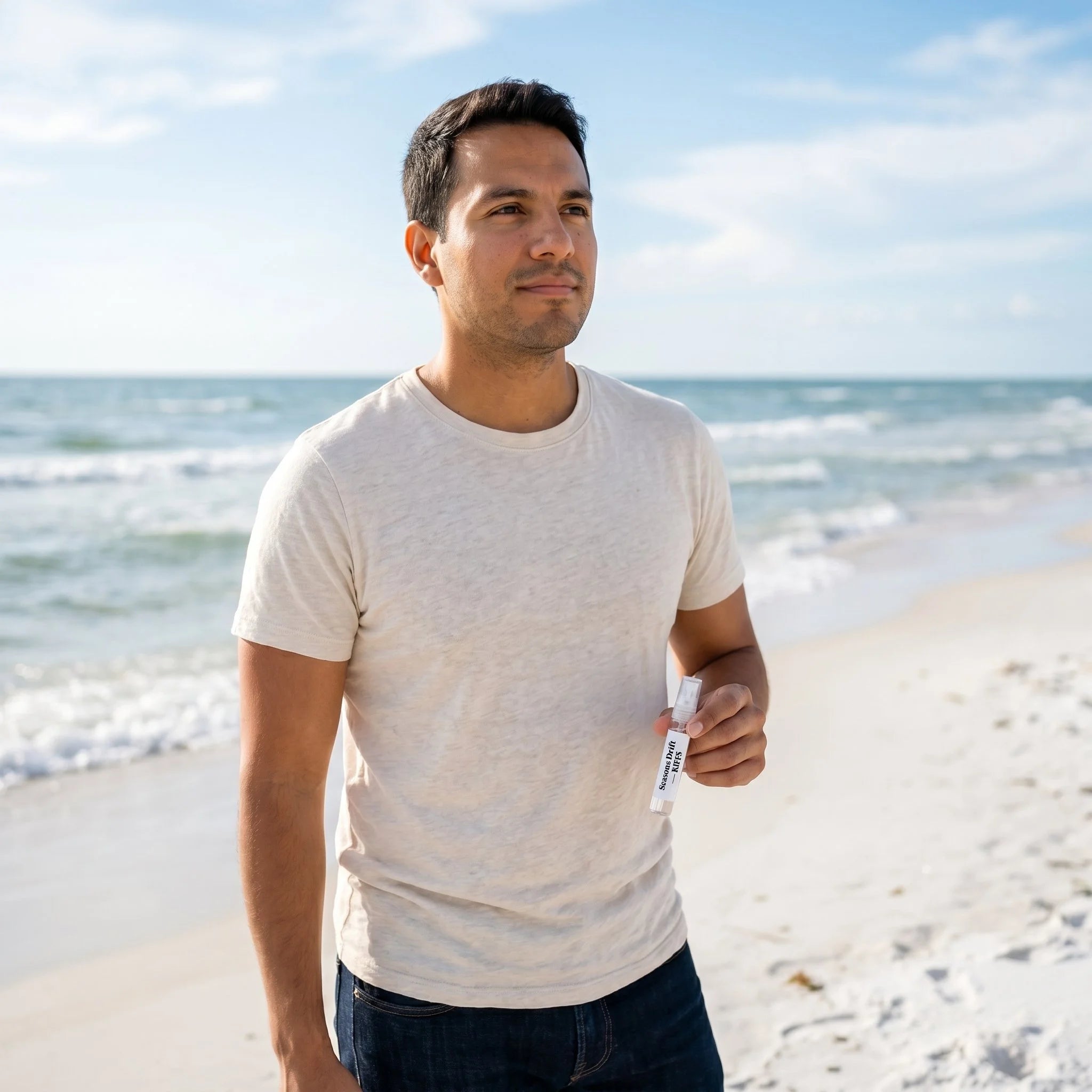 Man holding RiiFFS Seasons Drift decant spray on the beach, casual summer fragrance lifestyle shot
