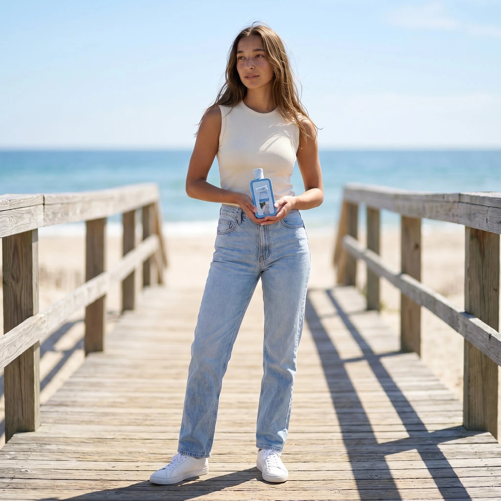 Woman holding RiiFFS Seasons Drift EDP on a beach boardwalk, coastal fragrance lifestyle shot