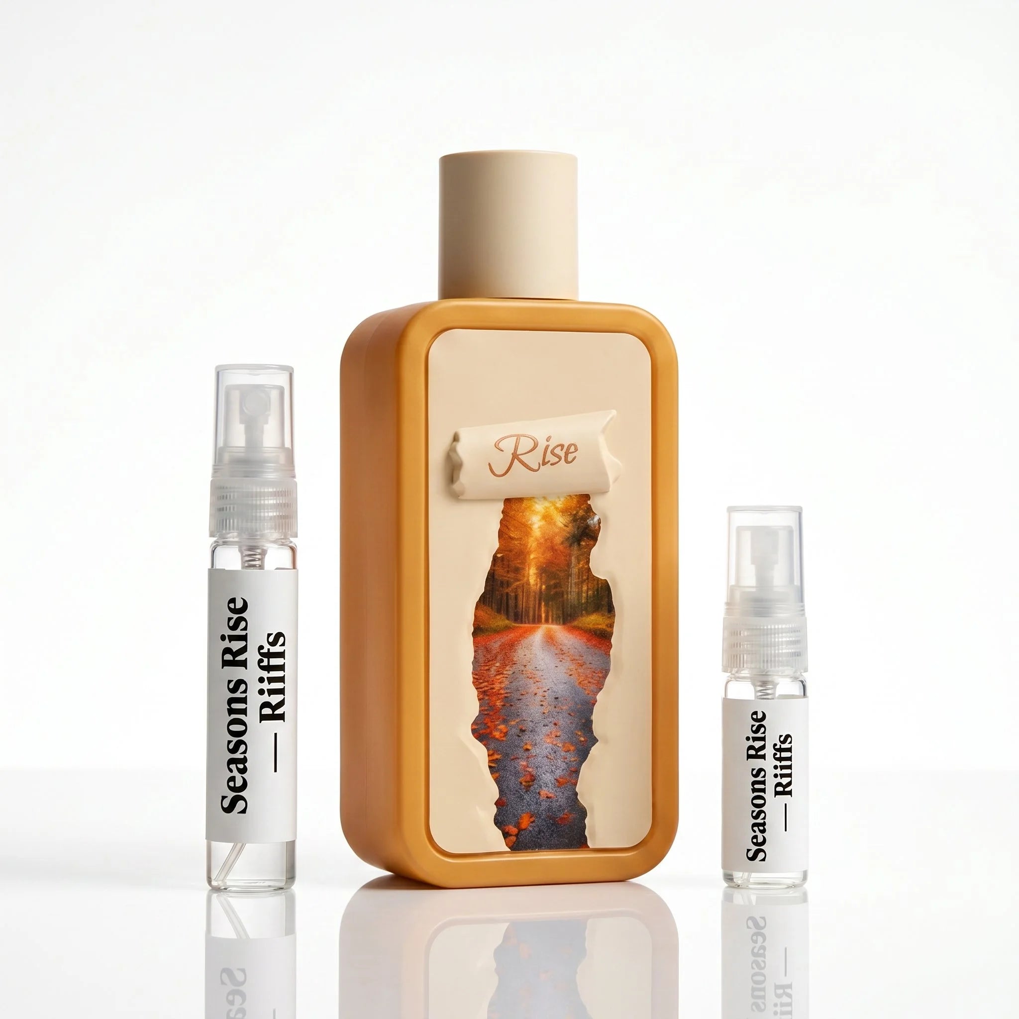 Riiffs Seasons Rise EDP bottle with 5ml and 10ml decant vials on white background