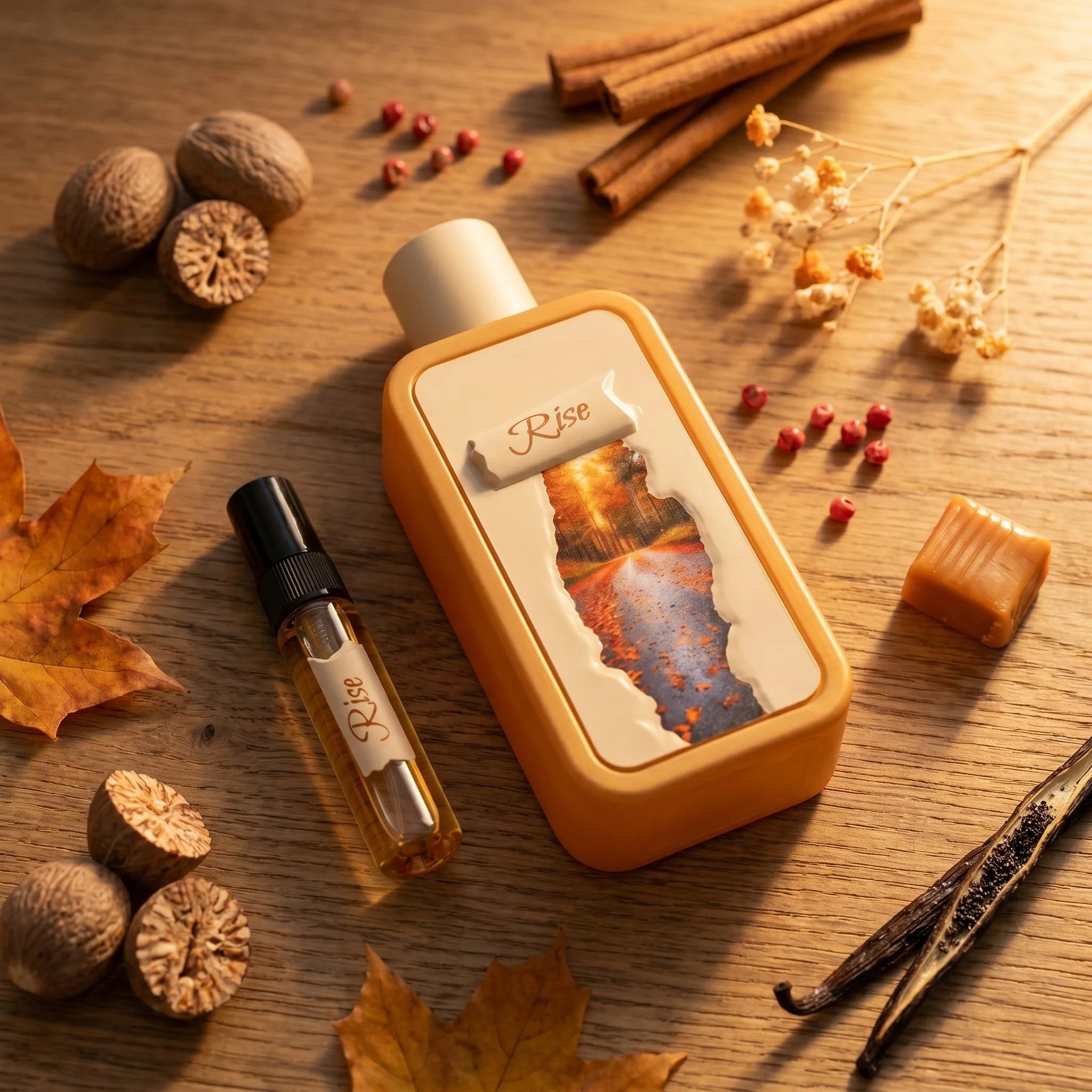 Riiffs Seasons Rise EDP flatlay with nutmeg, cinnamon, pink pepper and vanilla props