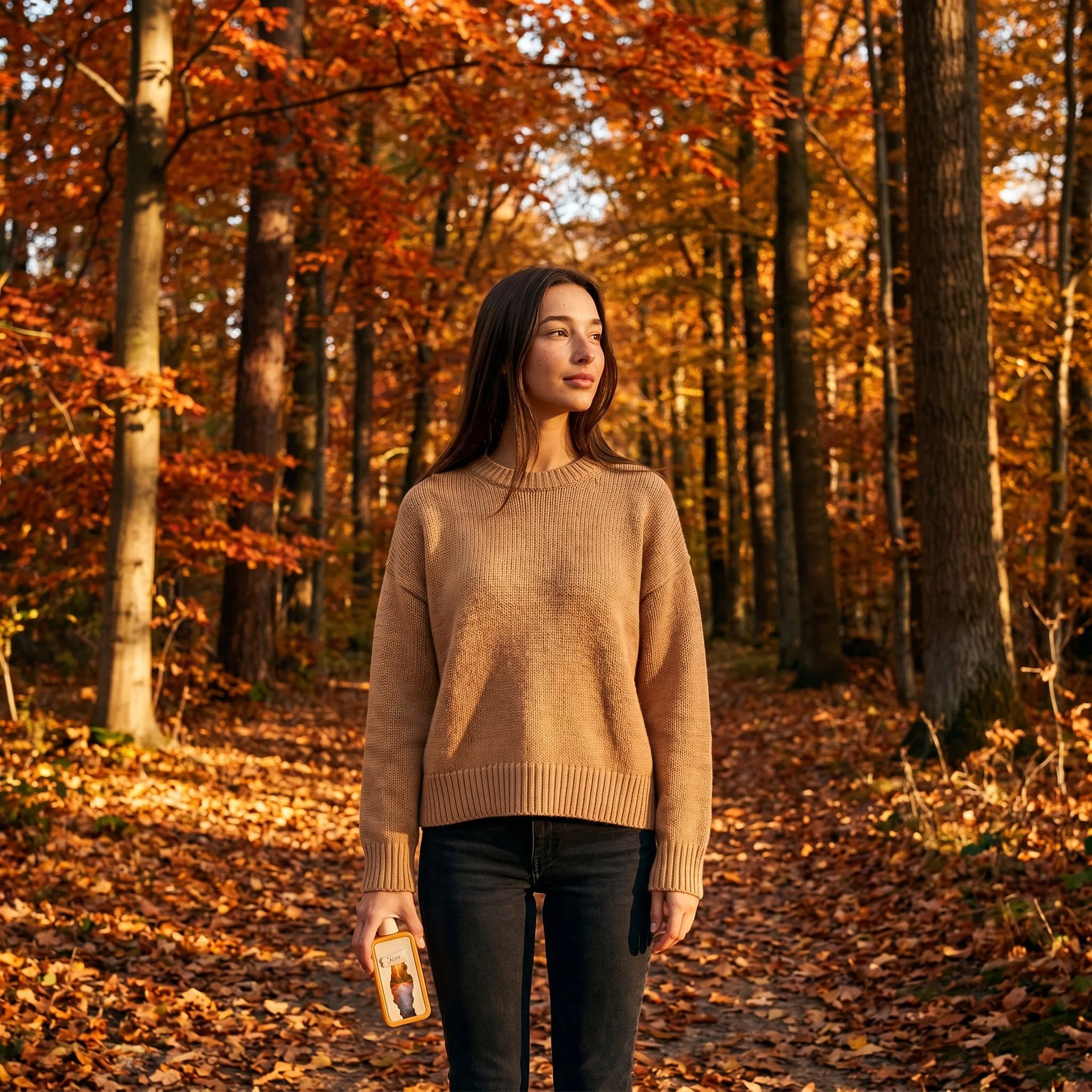 Woman in camel knit sweater holding Riiffs Seasons Rise EDP on autumn forest path