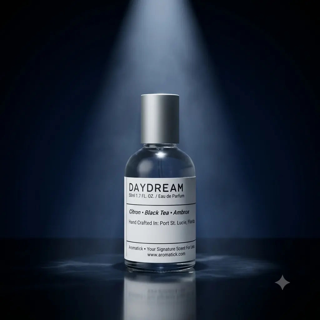 Daydream eau de parfum bottle spotlighted against a navy blue background