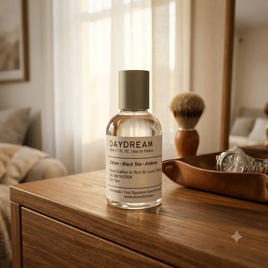 Daydream eau de parfum on a walnut dresser styled with grooming accessories in sunlit bedroom