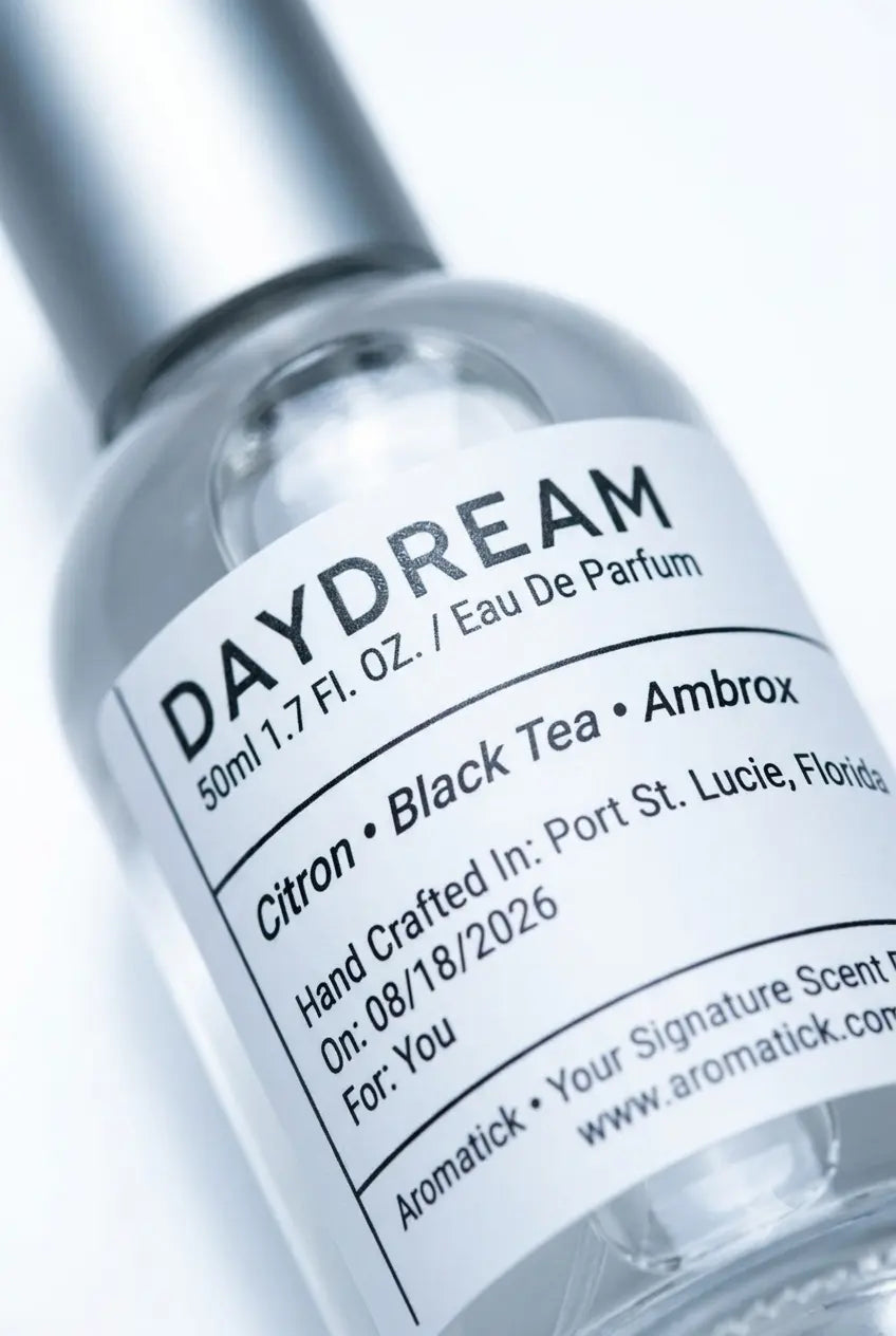 Close-up of Daydream eau de parfum label showing citron, black tea and Ambrox fragrance notes