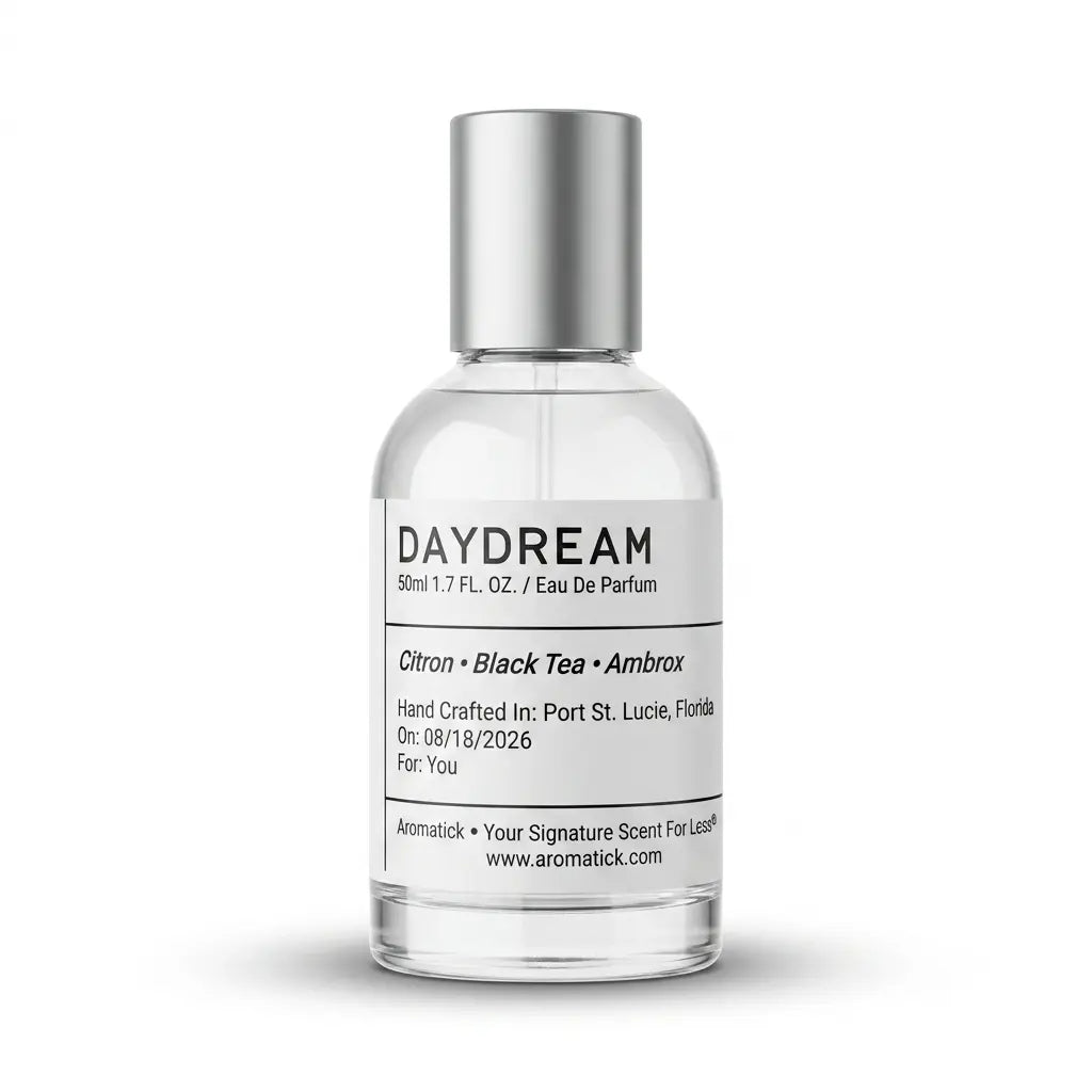 Daydream eau de parfum 50ml bottle with citron, black tea and Ambrox notes on white background
