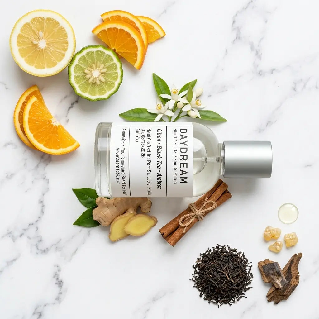 Daydream fragrance ingredients flatlay with citron, bergamot, ginger, cinnamon, black tea and guaiac wood