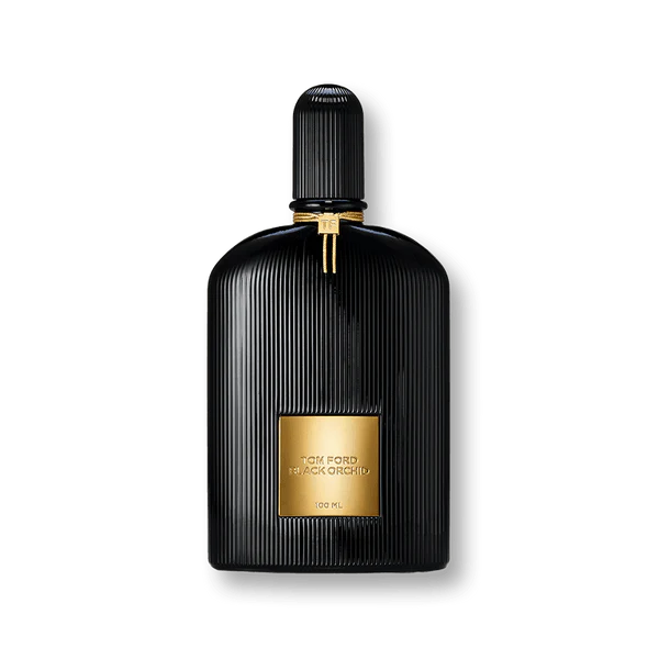 Black and gold perfume bottle with 'Tom Ford' label on a white background