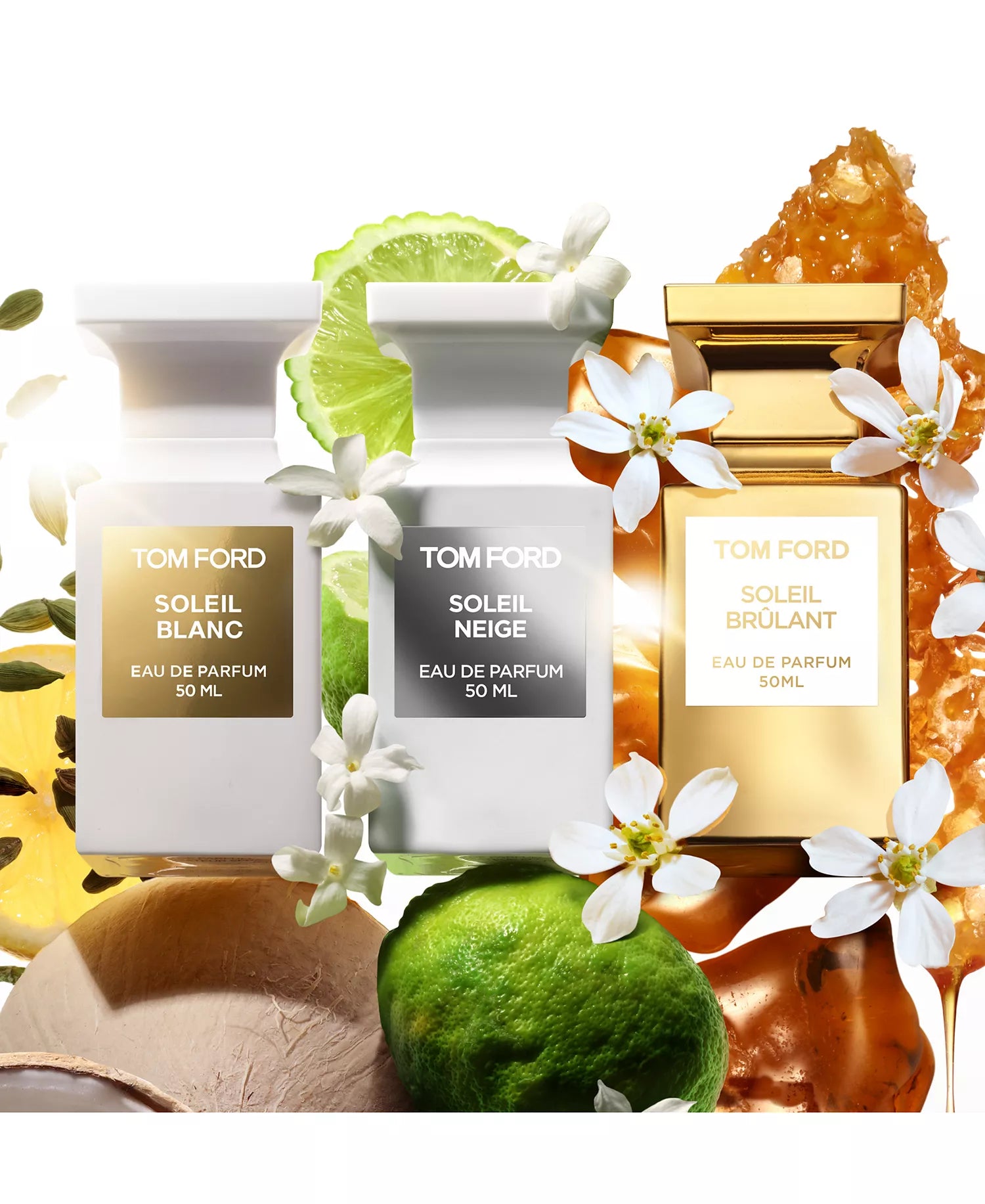 Three Tom Ford fragrances with floral and fruit elements on a white background