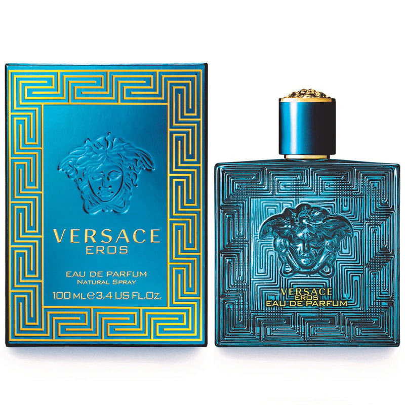 Versace Eros Eau de Parfum men's cologne campaign showcasing turquoise Greek key bottle design with Medusa logo - luxury designer fragrance
