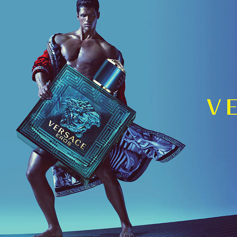 Versace Eros Eau de Parfum men's cologne bottle in turquoise blue with gold accents and Greek key pattern - authentic designer perfume