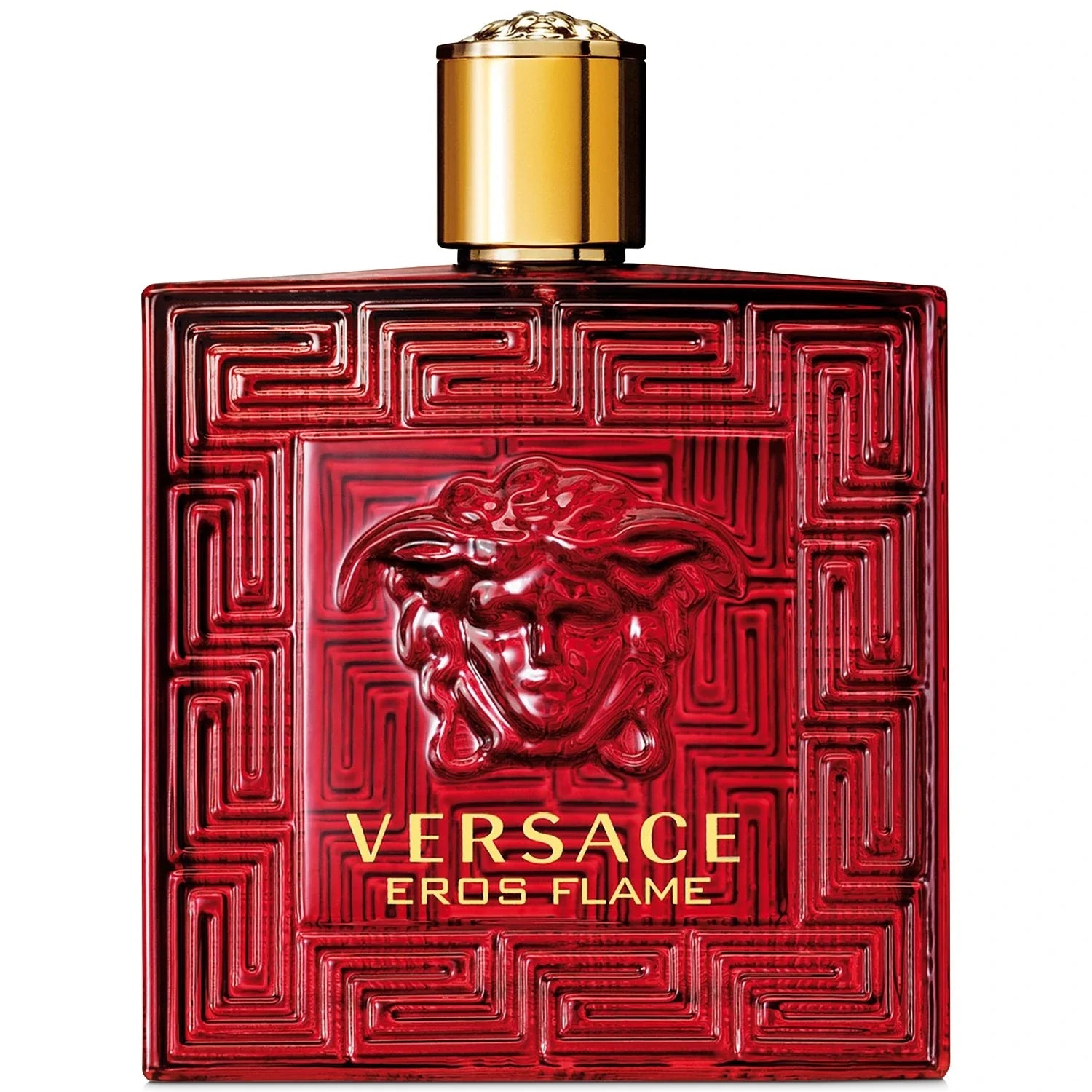 Versace Eros Flame Eau de Parfum men's cologne bottle with red glass design and gold cap - authentic designer fragrance