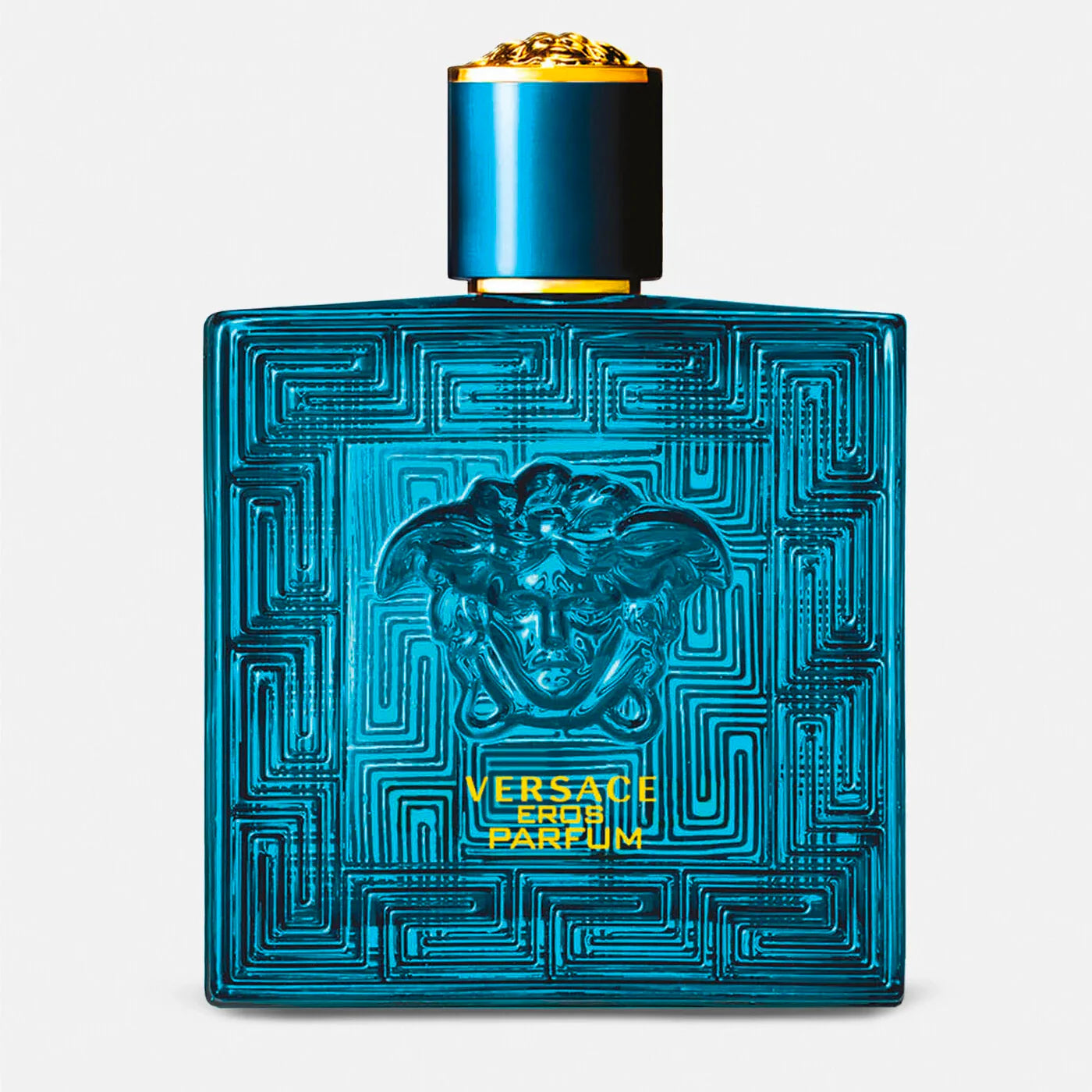 Versace Eros Parfum men's cologne bottle in turquoise blue with Medusa logo and gold cap - authentic designer fragrance