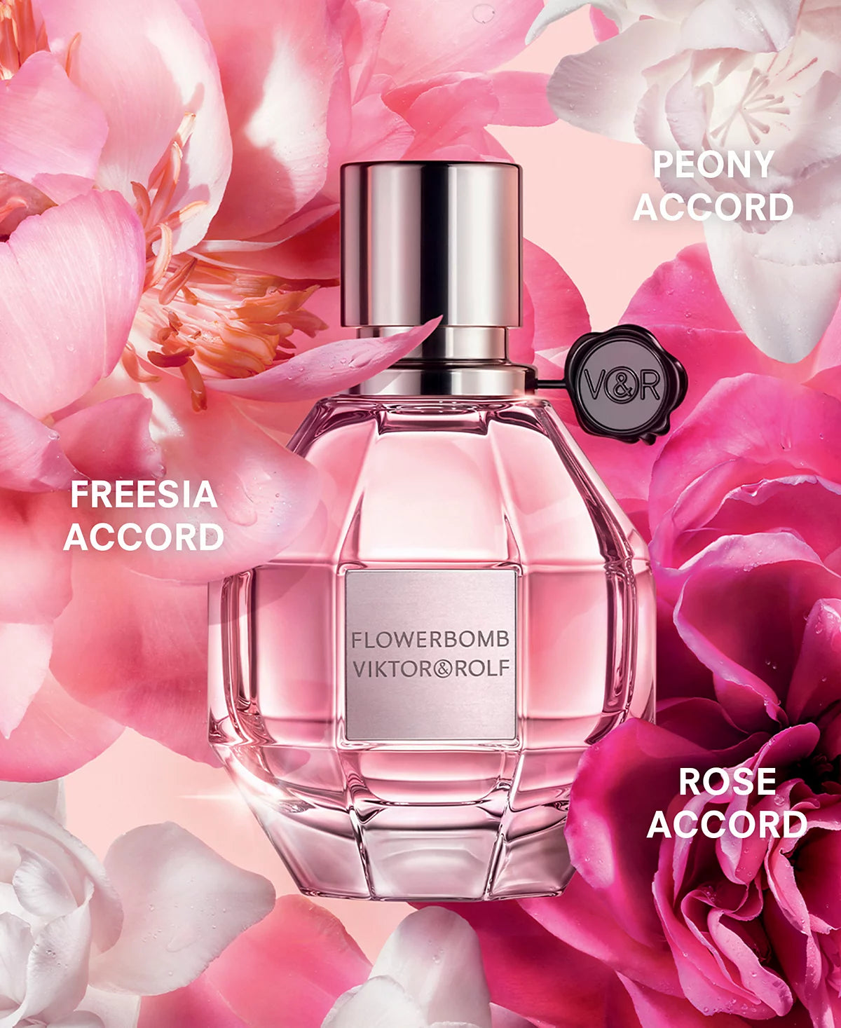 Viktor & Rolf Flowerbomb perfume bottle with pink flowers in the background