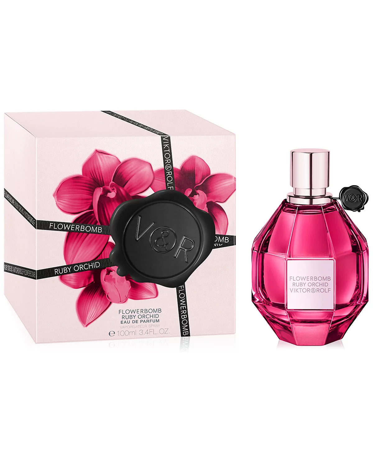 Viktor & Rolf Flowerbomb Ruby Orchid perfume bottle and packaging on a white background