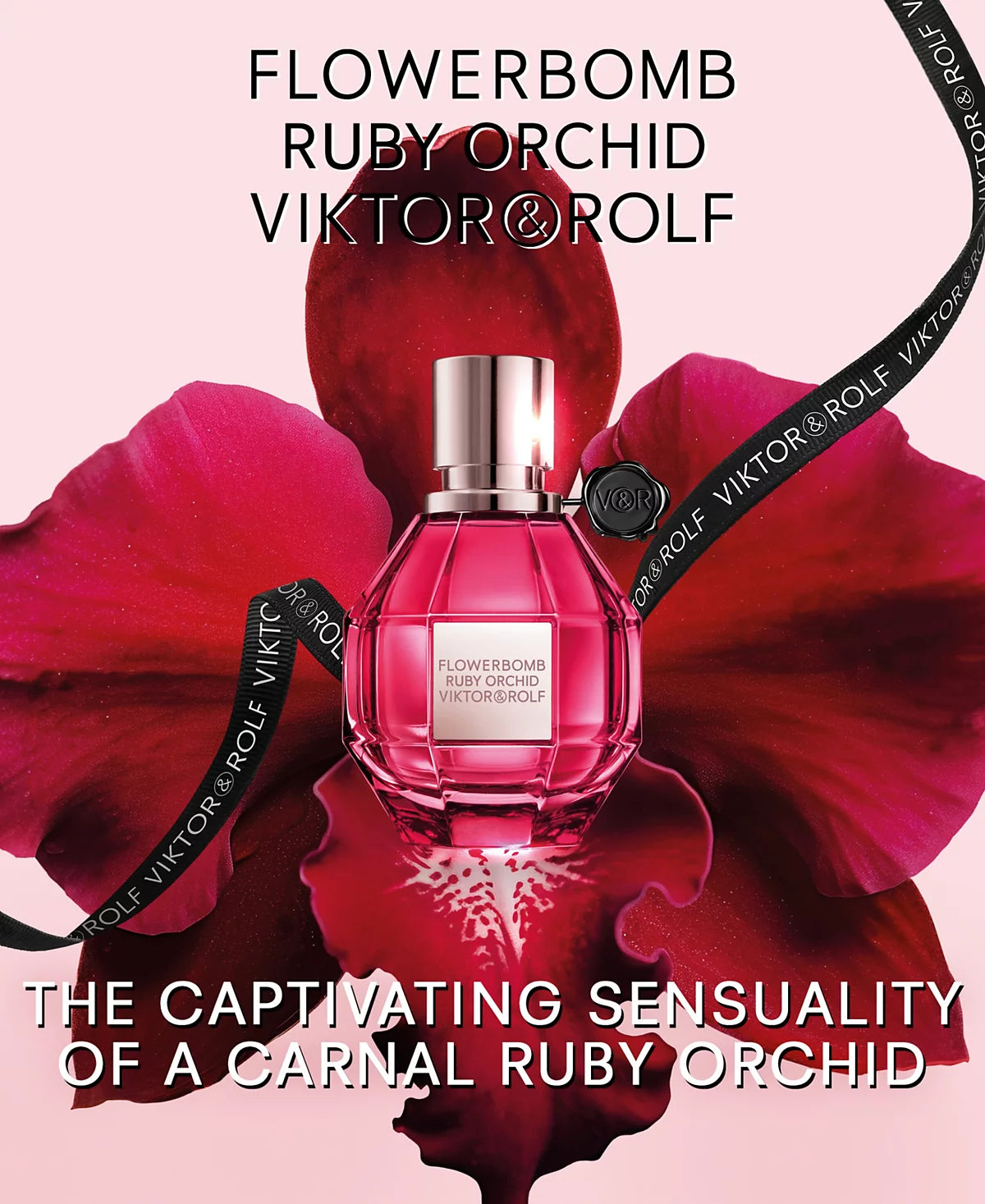Viktor & Rolf Flowerbomb Ruby Orchid perfume bottle surrounded by red flowers on a pink background