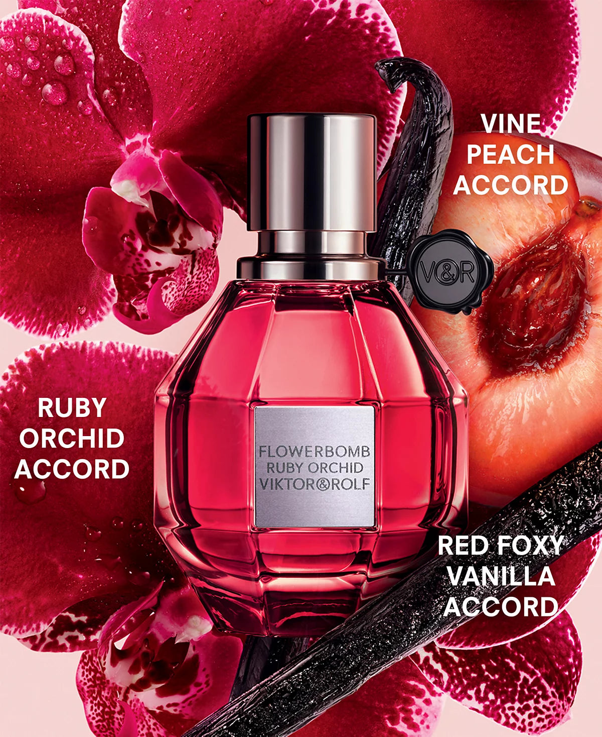 Viktor & Rolf Flowerbomb Ruby Orchid perfume bottle with floral and fruit elements on a pink background