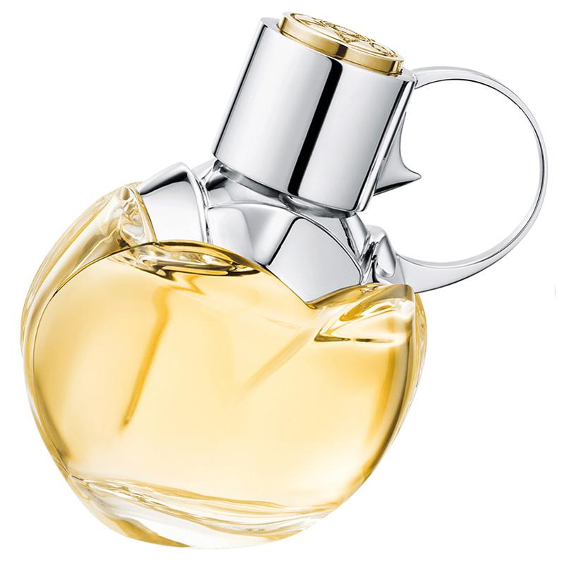 Perfume bottle with a silver cap on a white background