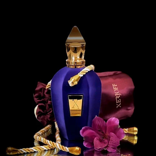 Luxury perfume bottle with gold accents and a dark background