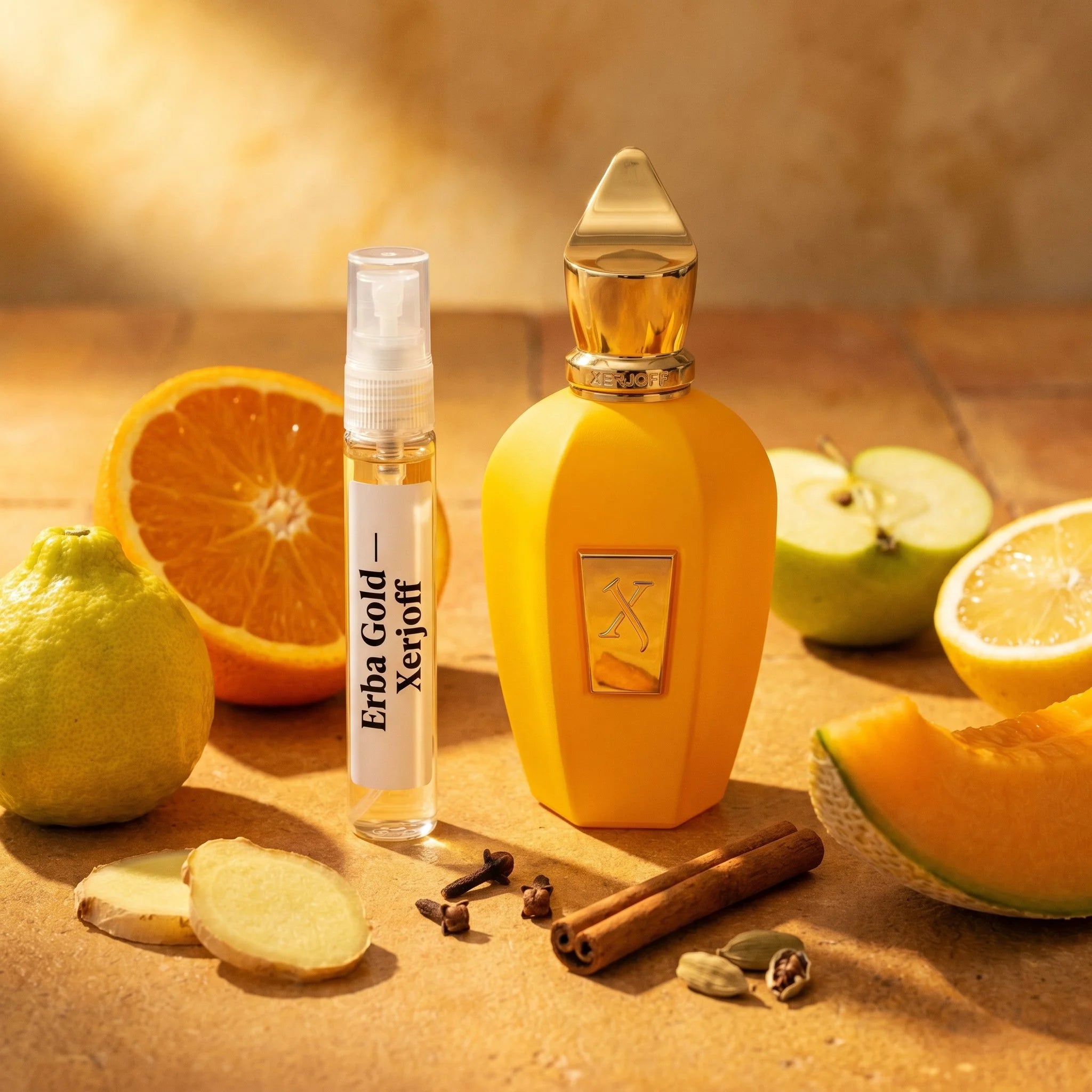 Xerjoff Erba Gold bottle and decant on terracotta with orange bergamot ginger melon green apple cardamom and vanilla fragrance notes flatlay