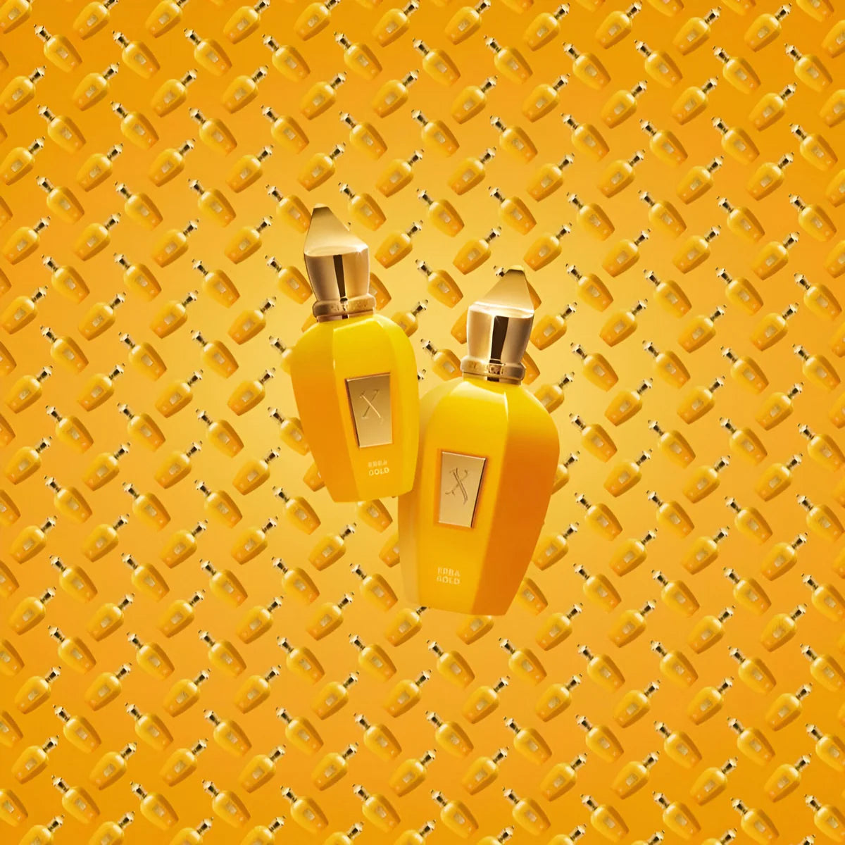 Two yellow bottles with gold caps on a textured yellow background