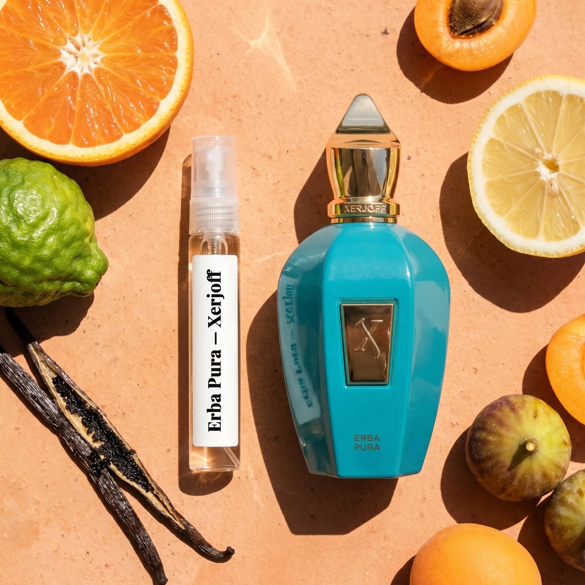 Xerjoff Erba Pura bottle and decant on warm linen with Sicilian orange bergamot lemon vanilla and amber fragrance notes flatlay