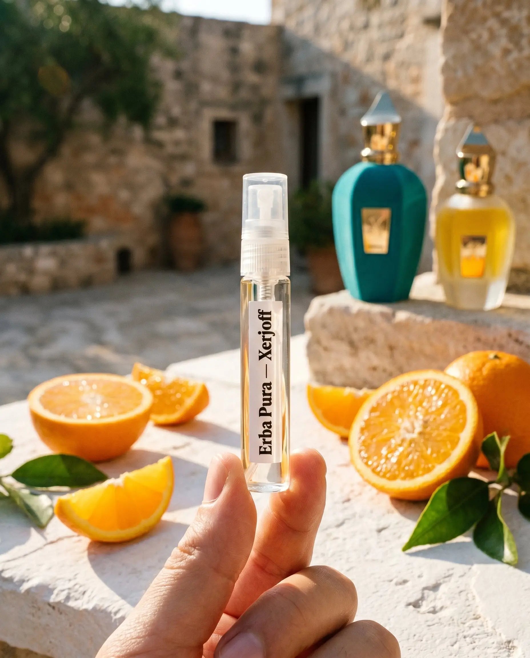 Xerjoff Erba Pura decant vial held in hand at Mediterranean stone courtyard with fresh oranges and citrus props
