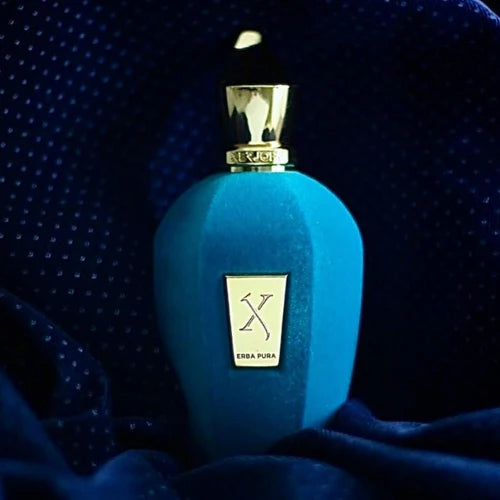Blue perfume bottle with gold cap on a blue textured background