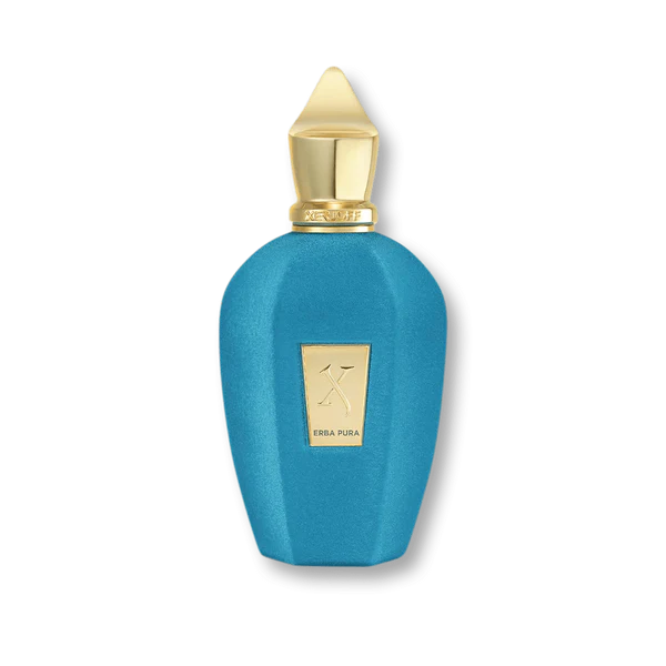 Blue perfume bottle with gold cap on a white background