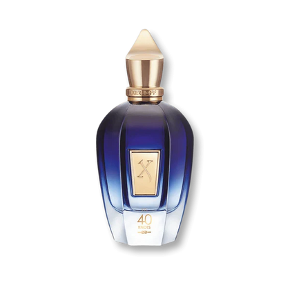 Blue perfume bottle with gold cap on a white background