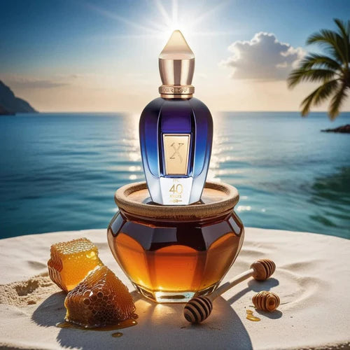 Perfume bottle with honeycomb and honey on a beach with ocean and sunset in the background