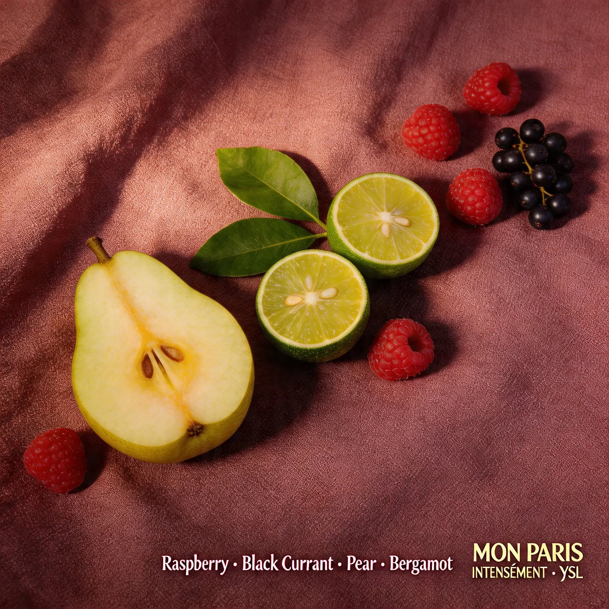 Fruits including a pear, limes, raspberries, and black currants on a textured surface with 'Mon Paris' branding.