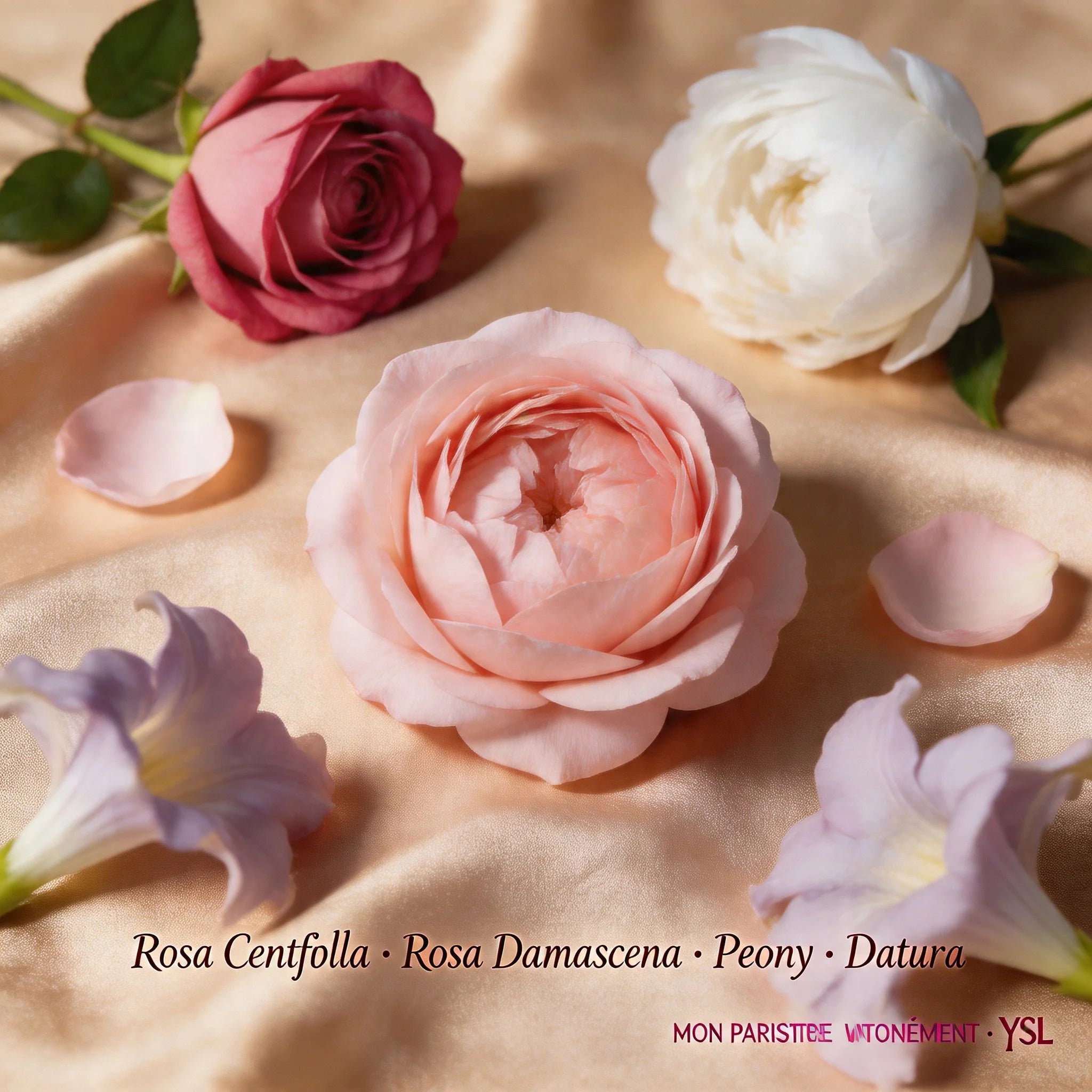 Close-up of various flowers including pink, white, and purple roses on a beige fabric background.